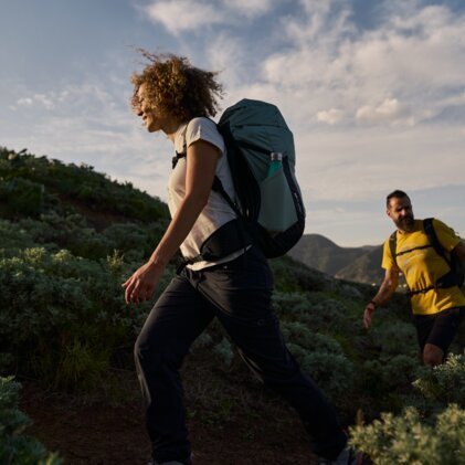 Zwei Wanderer auf einem bewachsenen Hügel