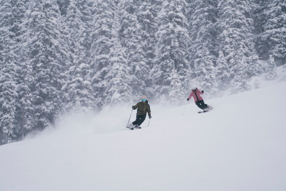 Zwei Skifahrer auf einer schneebedeckten Piste vor bewaldetem Hintergrund. | © INTERSPORT International Corporation GmbH