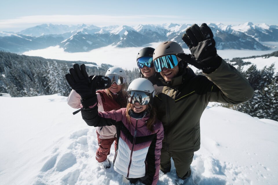 © INTERSPORT International Corporation GmbH Gruppe von vier Skifahrern winkt in den Bergen. | © INTERSPORT International Corporation GmbH