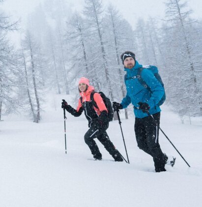 Zwei Personen wandern mit Stöcken durch eine verschneite Waldlandschaft. | © IIC/McKINLEY
