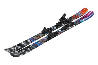 Ein Paar Atomic Bent 85 Ski mit Bindungen.