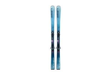 Ein Paar blaue Elan Element RS 74 Ski mit Bindungen.