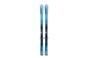 Ein Paar blaue Elan Element RS 74 Ski mit Bindungen.