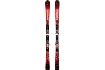 Ein Paar rote Rossignol E15 Ski mit Bindungen.